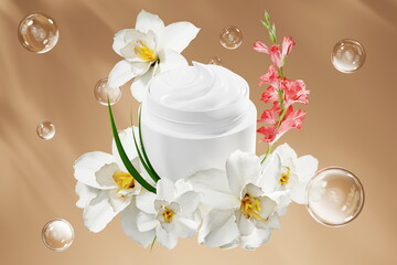 luxurious skincare cream is displayed amidst vibrant flowers and gentle bubbles. soft lighting creates an inviting atmosphere, perfect for highlighting natural beauty products. 3d render