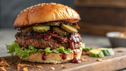 Smoked Brisket Concept Juicy burger with lettuce, pickles, and sauce on a wooden board.