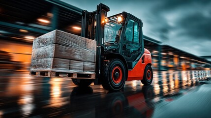 Naklejka premium Forklift carrying cargo on wet pavement at night