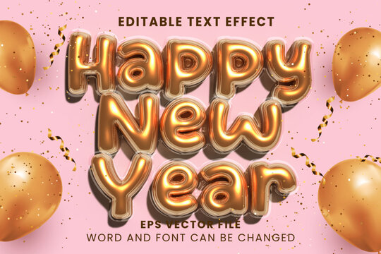 Happy new year inflated golden balloon 3d editable vector text effect