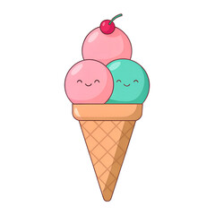 Delightful cartoon ice cream cone with happy faces, perfect for children's illustrations, summer promotions, or sweet treat designs on websites or social media posts
