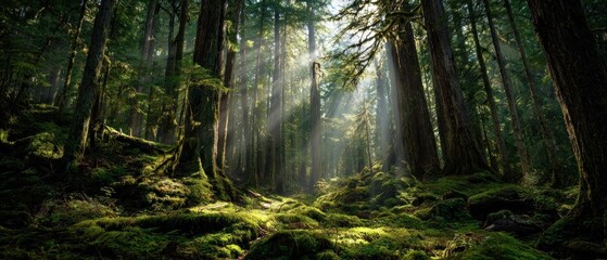 Obraz premium Sunbeams in the Emerald Forest: A Mystical Woodland Scene