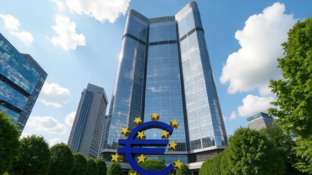 Large blue Euro symbol in front of a tall building, great for finance or travel uses