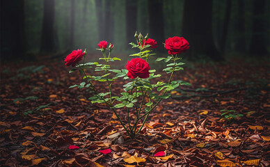 Rosier rouge en fleur dans une forêt de feuilles mortes
