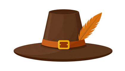 Pilgrim hat with feathers and buckle, minimal vector style, isolated on transparent background.