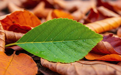 Gros plan d'une feuille verte avec des gouttelettes d'eau sur des feuilles mortes