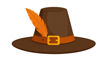 Pilgrim hat with feathers and buckle, minimal vector style, isolated on transparent background PNG