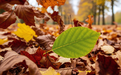 Feuille verte unique sur un tapis de feuilles d'automne tombées