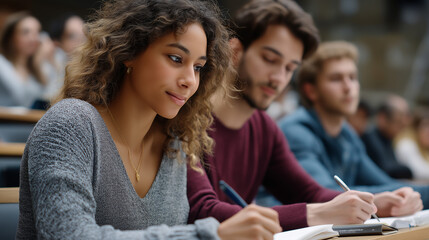 Multi-ethnic students engaged in writing during a focused lecture