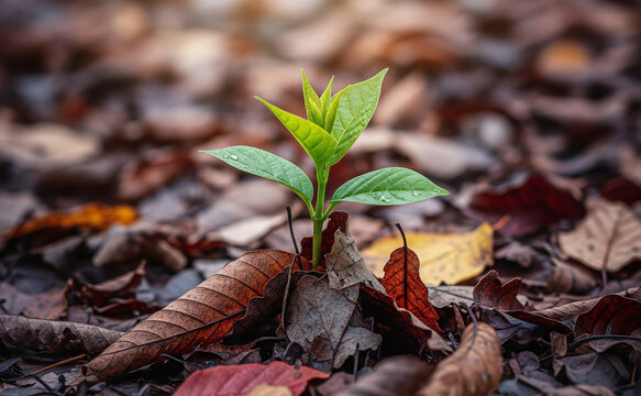 Jeune pousse verte &eacute;mergeant des feuilles d'automne tomb&eacute;es