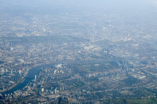Aerial view of the London districts of Battersea, Chelsea and Kensington