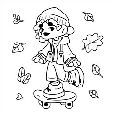 Autumn Coloring Girl On Skateboard. Girl in autumn outfit riding a skateboard surrounded by leaves. Outline black and white illustration for coloring on white background.