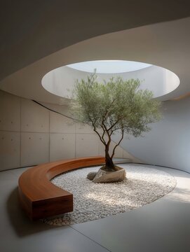 Serene modern home atrium with circular skylight, olive tree in white pebbles, minimalist wooden bench, zen ambiance for wellness and interior design projects