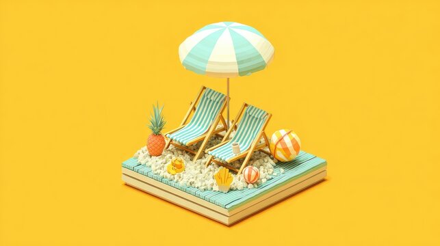 Miniature beach scene with lounge chairs and umbrella.