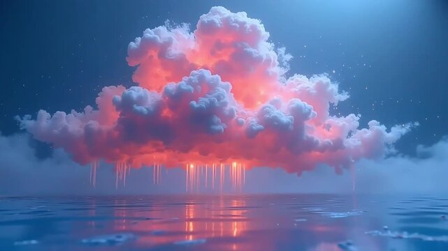 Dreamy pink cloudscape over water with sparkling lights and ethereal icicles in motion