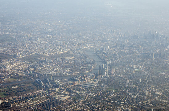 Aerial view of River Thames flowing through Central London