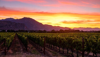 Naklejka premium Breathtaking sunset over vineyard with majestic mountains in the background