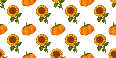 Cute Autumn Pumpkin Flower Pattern. Pumpkins and sunflowers in cartoon style. Seamless bright autumn pattern on isolated background.