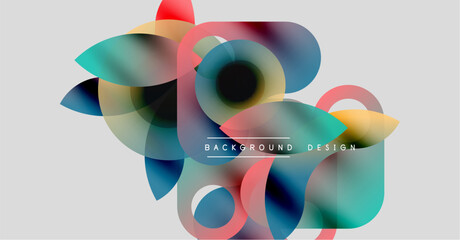 Abstract floral shapes overlap, creating vibrant color blends. Modern design elements suggest fluidity, dynamism. Background is light gray.