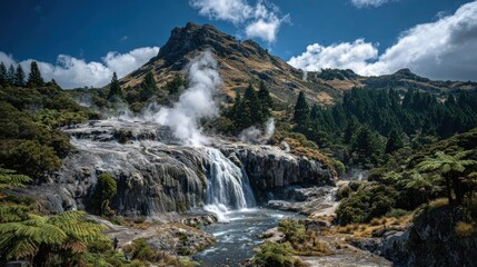 Geothermal valley with steaming vents, waterfall, and mountains