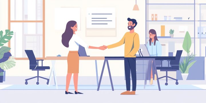 An illustration depicts a welcoming office scene with two individuals shaking hands, symbolizing agreement. The setting portrays a contemporary work environment.