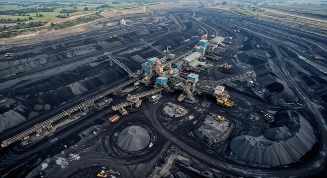 Aerial View of Open-Pit Coal Mine with Heavy Machinery, Mining Industry