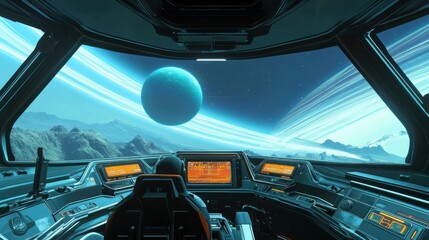 Interior view of a spaceship cockpit, showcasing an alien landscape and planetary rings.