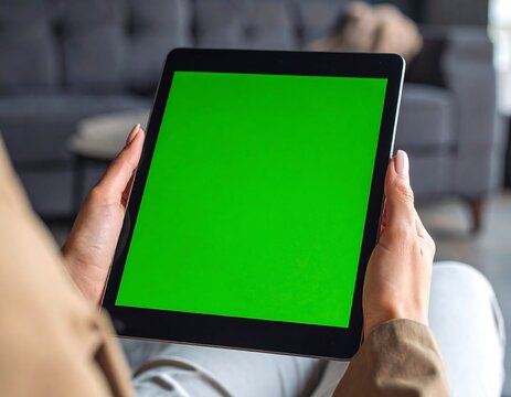 Person holding tablet with green screen, seated indoors
