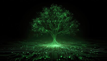 Digital tree with glowing green leaves and roots, circuit board base