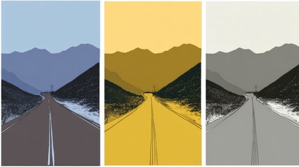Mountain road in three color variations.