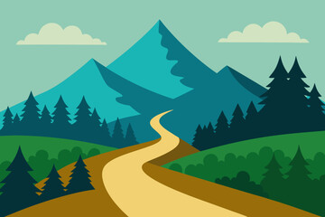 Forest Trail Vector Illustration with Mountains and Greenery
