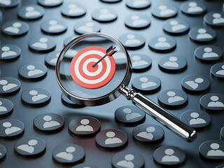 Magnifying glass focuses on target audience among many people icons
