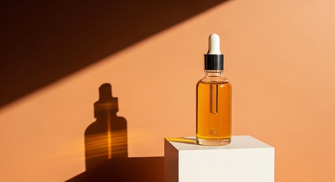 Golden elixir beauty treatment bottle with dropper on minimalist background scene