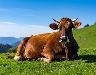 Brown cow resting peacefully on a green meadow with a clear blue sky background