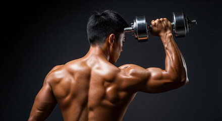 Muscular man with a sculpted back and arms performs a dumbbell shoulder press. This powerful image represents fitness, bodybuilding, strength training, and a healthy lifestyle.