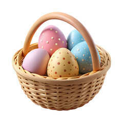 Pastel easter eggs in wicker basket isolated on transparent background