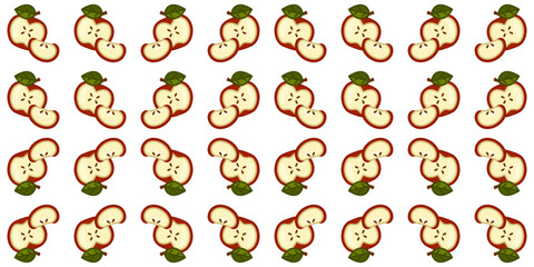Seamless Cartoon Apple Slice Pattern. Cute cartoon apple slices with seeds and leaves. Seamless food pattern on white background.