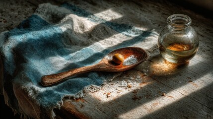 Obraz premium Wooden spoon with olive and salt, olive oil