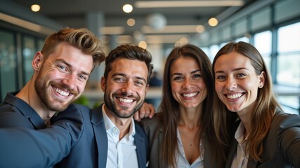 Happy business colleagues taking a group selfie in an office