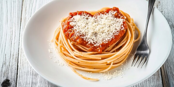 Heartwarming Presentation of Classic Italian Spaghetti with Red Sauce and Grated Cheese for Romance - Powered by Adobe