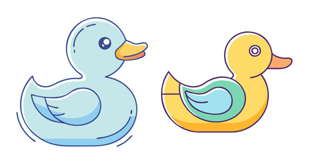 Pair of cartoonish rubber duckies with soft colors and thick outlines on white