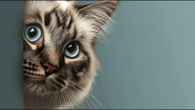 Closeup of a light brown tabby cat with bright blue eyes partially visible from the left of the frame set against a plain blue background