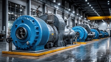 Fototapeta premium Industrial machinery in a large hall. Rows of powerful, gray and blue machines line a polished floor