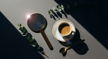 Stylish flat lay of a morning coffee, vintage hand mirror, and eucalyptus leaves in bright sunlight.