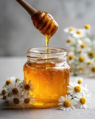 Honey drips from a wooden dipper into a clear glass jar, surrounded by chamomile flowers