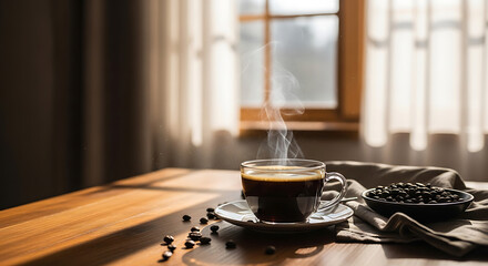 A steaming cup of fresh black coffee on a wooden table with beans by a sunlit window.