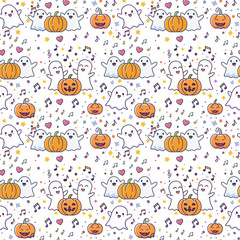 Dancing Ghosts and Pumpkins – Fun Halloween Seamless Pattern for Cards. Created using Adobe Illustrator with integrated AI features (Adobe Firefly). The design is based on the artist’s original 