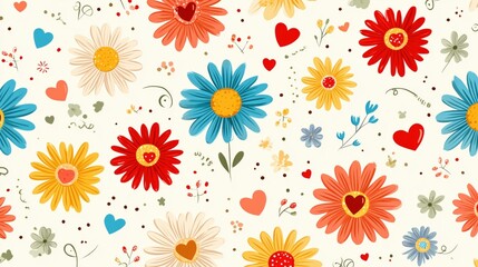 Vibrant floral pattern with colorful flowers and hearts on a light background