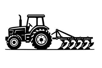 Tractor Plowing a Farm Field Vector - Black and White Illustration of Agricultural Machinery