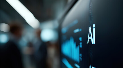 Illuminated "AI" text appears prominently on blurred technological display interface.